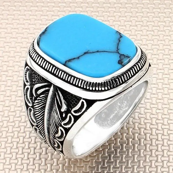 

Straight Square Blue Raw Turquoise Stone Silver Ring Men Silver Ring With Leaf Motif Made in Turkey Solid 925 Sterling Silver