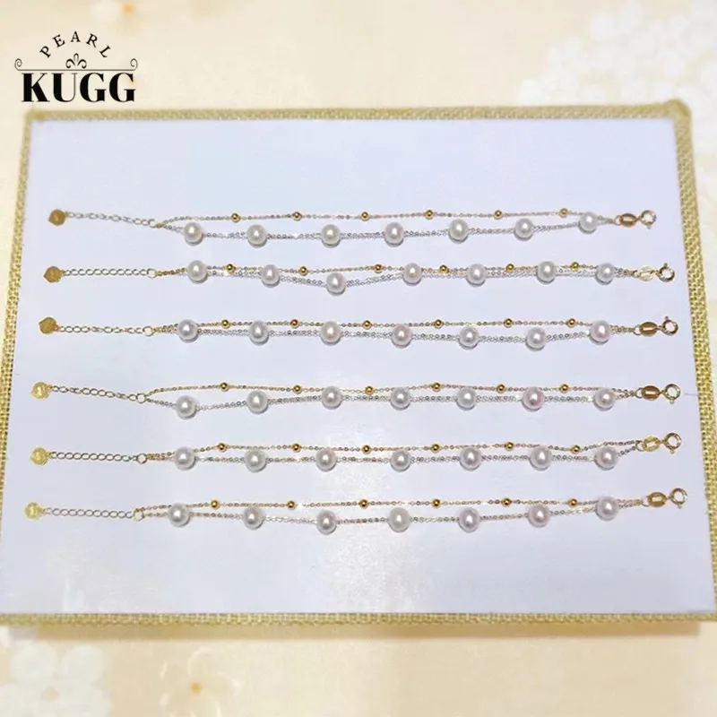 KUGG PEARL 18k Yellow Gold Pearl Bracelet Handmade Jewelry Fashion Natural Freshwater White Pearl Bangle Simple Style wholesale durable velvet pearl bracelet watch display pillows for case bangle anklet wristwatch holder jewelry counter organizer