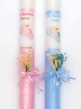 

Candle personalized christening baptism Velas Pinsart wedding communion Pink Blue White birthday vintage ribbon flower child female child baby