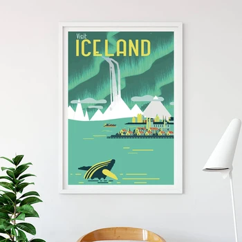 

Vintage Travel Poster of Iceland reykjavik Canvas Print Northern Light Landscape Wall Art Painting Decoration Picture Home Decor