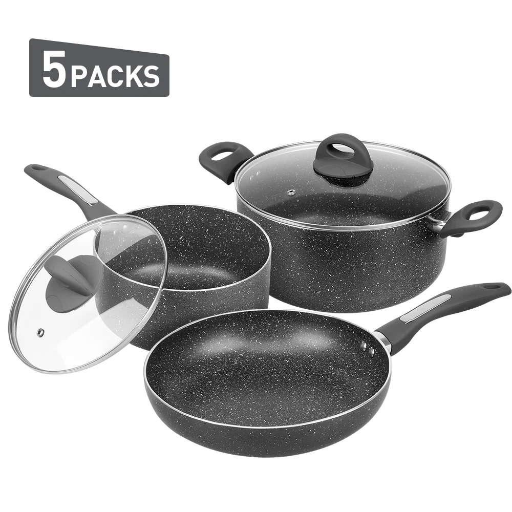 

5 PCS Nonstick Fry Pan Cookware set Stone-Derived Ceramic Coating Sauce Pan Soup