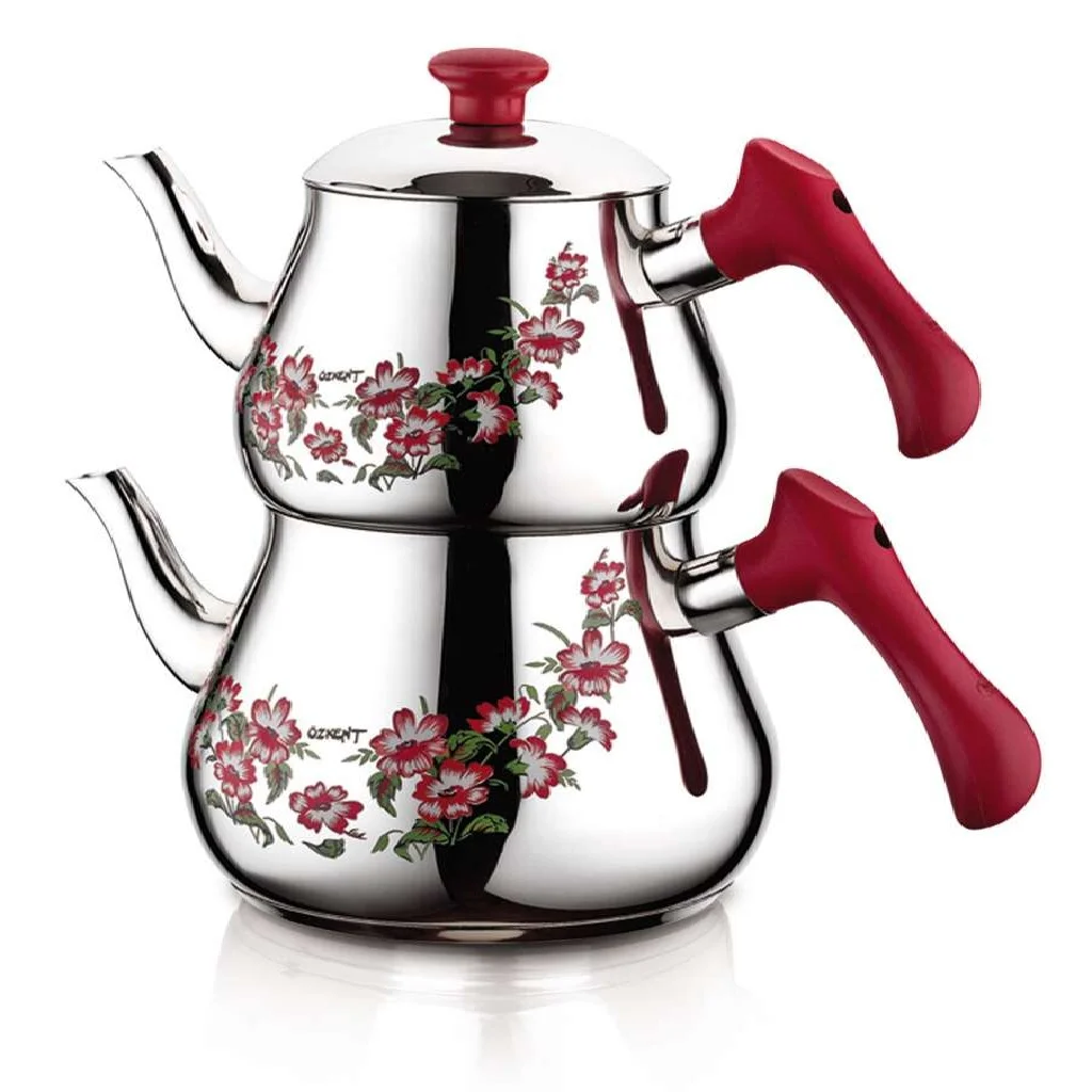 Teapot Stainless Steel For Turkish Tea Mini Size Patterned Red 18/10 Cr