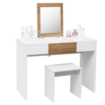 

White Oak Dressing Table with a Foldable Mirror Makeup Cosmetic Table Vanity Table Bedroom Dresser Set with Dressing Stool