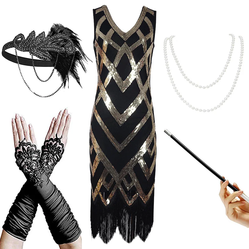 modtagende Vær forsigtig quagga Women's 1920s Gatsby Inspired Sequin Beads Long Fringe Flapper Dress With  Sleeveless /accessories Set - Dresses - AliExpress