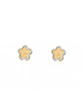 

Gold Girl earrings Bicolor Daisy texture with circon (9kts)