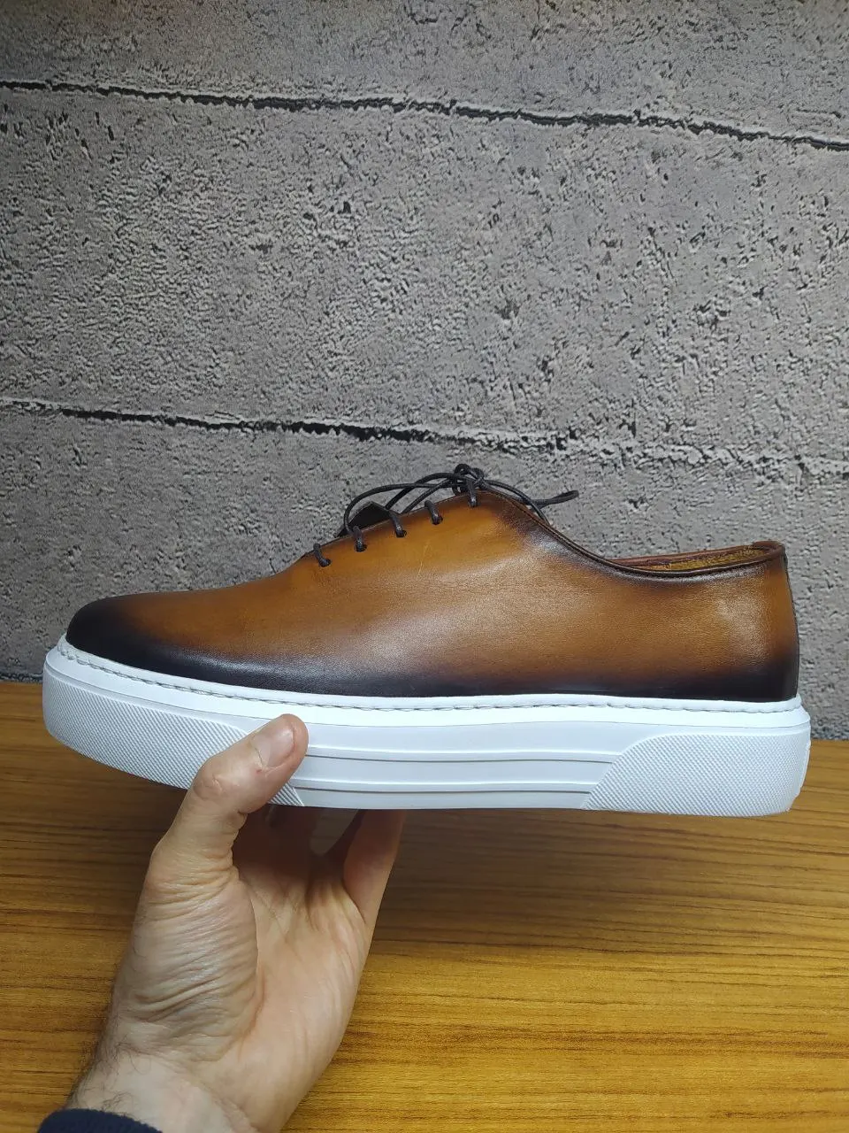 Handmade Tobacco Sport Sneakers with Lightweight EVA Sole, Gradient Hand Painted Patina Genuine Calfskin Leather, Men's Shoes