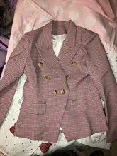 Houndstooth Blazer Jacket Buttons Classic Double-Breasted Womens High-Street Metal Newest