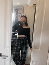 Recta pantalón de pierna ancha Pantalones Jogger ropa Pantalones tamaño Harajuku sencillo Vintage Plaid Pantalones de las mujeres de moda de la calle