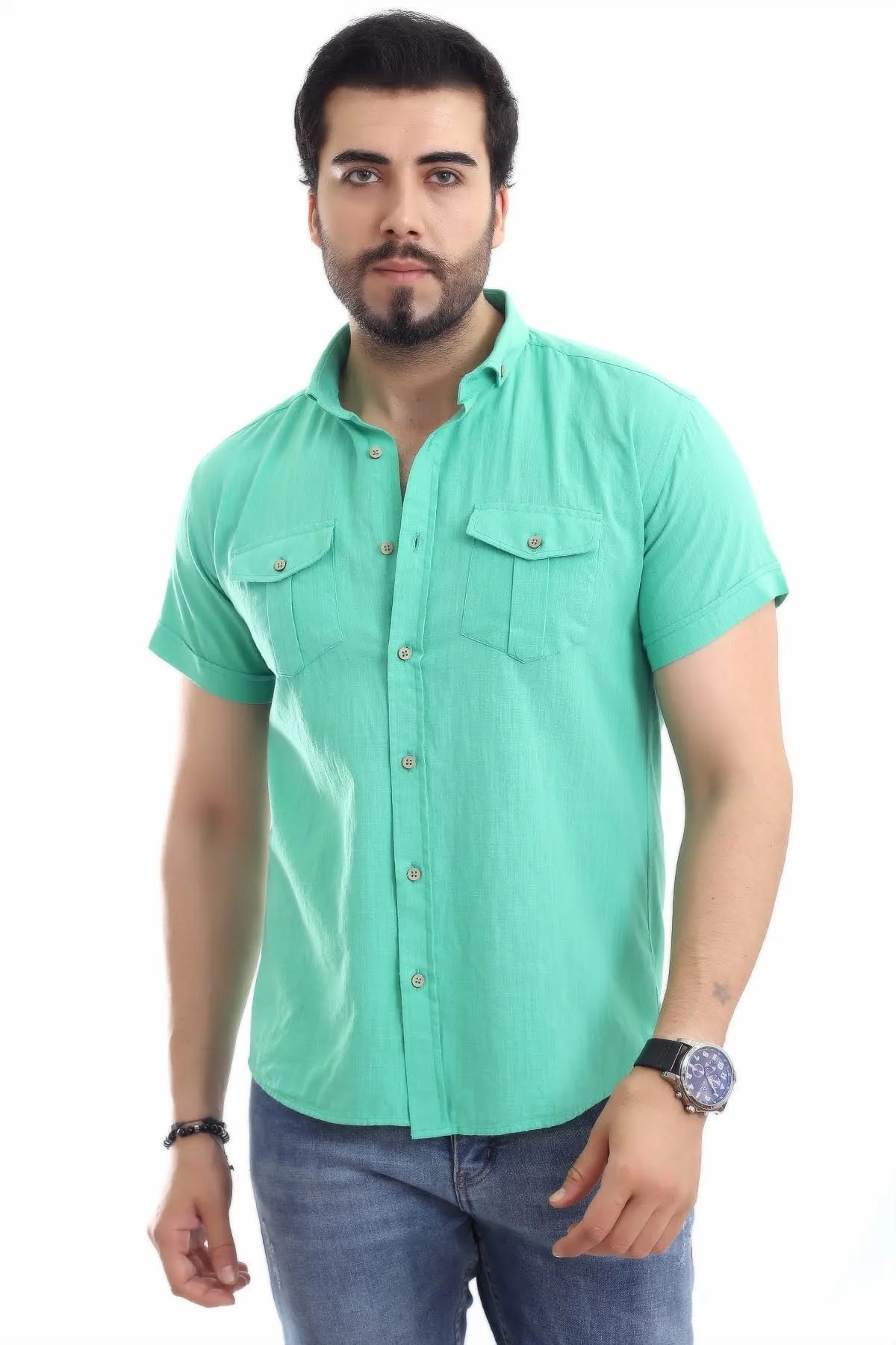 100 Cotton Double Pocket Cover Düğmeli̇ Collar Slym Fi̇t Short Sleeve