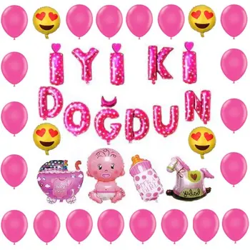

İyiki Happy Birthday Baby Shower Foil Balloon Set Pink 39 Piece