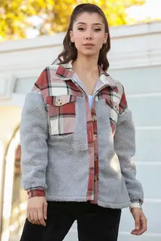 

PLAID RED PLUSH WOMEN JACKET SHIRT LARGE POCKETS BUTTONED FURRY DESIGN WINTER AND AUTUMN
