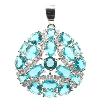 

36x28mm Dazzling Round Shape Created Rich Blue Aquamarine Gift For Sister Silver Pendant