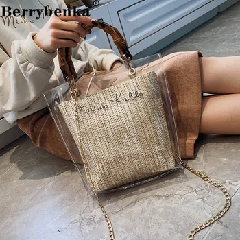 

Berrybenka Slub Handle Transparent Bags For Women 2020 Summer Travel Shoulder Simple Crossbody Handbags Lady Beach Hand Bag