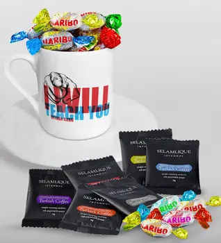 

Personalized English Teacher Turkish coffee Cup Selamlique Mixed Turkish Coffee House and Haribo Candy Gift Seti-11