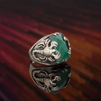 

925 Sterling Green Agate Stone Scorpion Model Silver Ring Fashion Turkish Premium Quality Handmade Jawelery