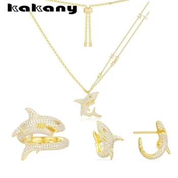 

Kakany's New Fashion Charm High Quality New Christmas Original Setting, New Monaco Shiny Zircon Shark Earring Ring Necklace