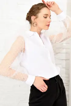 

Trend Alacati Style Women Organza Sleeve Poplın Shirt ALC-X4056