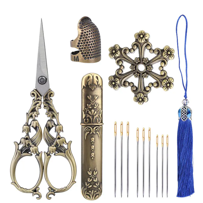 Sewing Scissors Tailor Scissors Sewing Supplies SHWAKK Embroidery Tailor Scissors Kits Vintage Scissors European Style Sewing Needlework Thread with Thimble