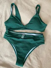 Peachtan-bikinis de cintura alta para mujer, bañador Sexy acanalado liso, traje de baño deportivo para mujer con cuello de pico, bikini a rayas 2021