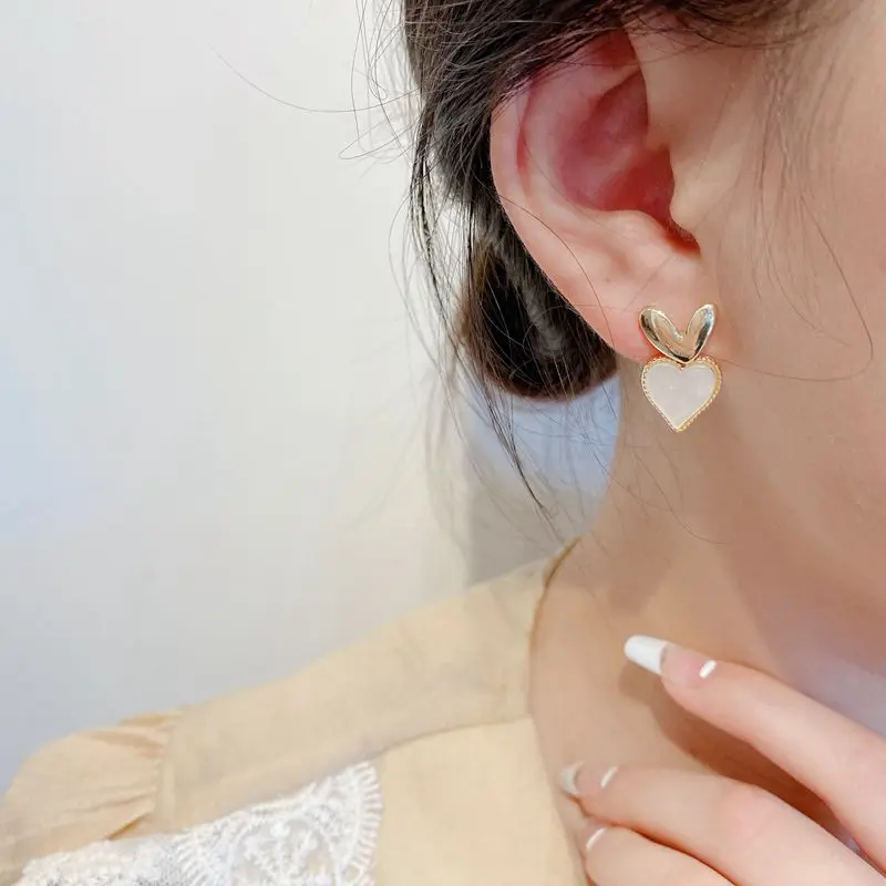 Pearl Earrings Metal Heart-Shaped Pearl Earrings For Women Korean Fashion Back Hanging Earring Girls Shiny Zircon Exquisite Jewelry
