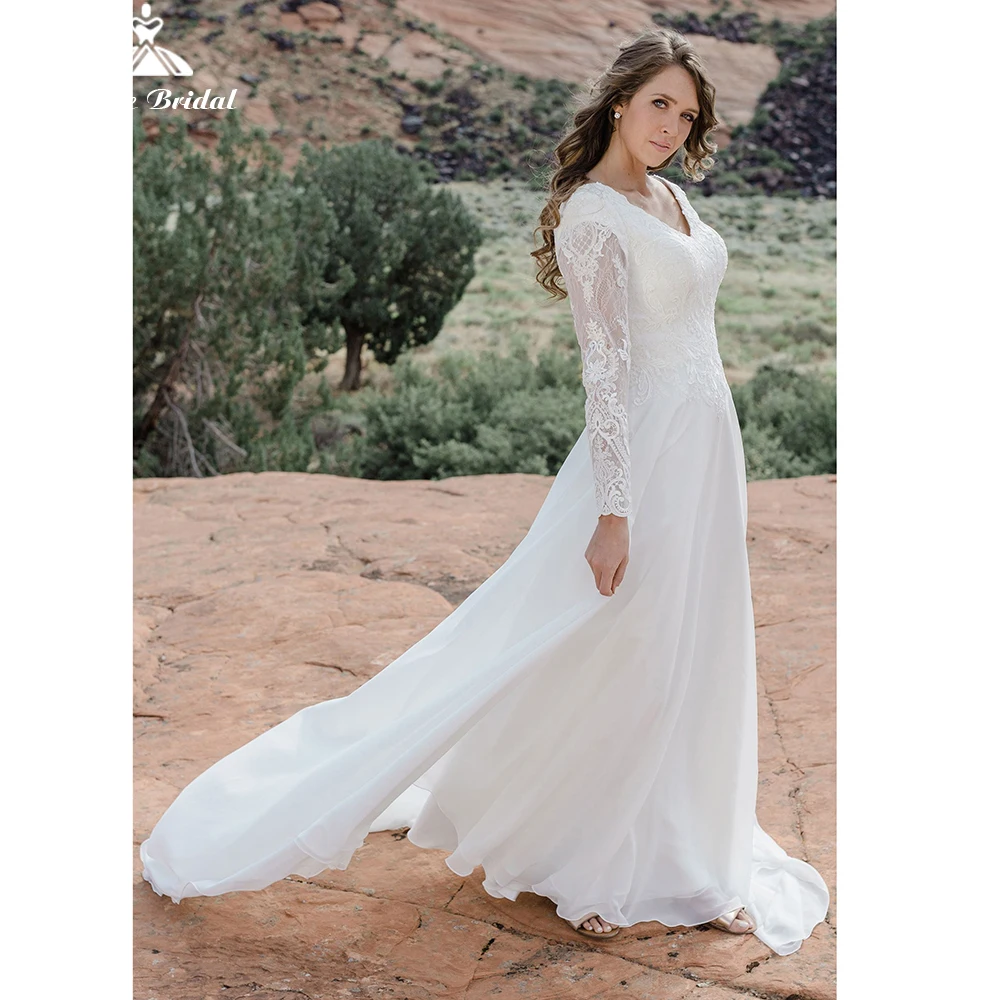 

Elegant Full Cap Sleeve Sweep Button V-neck Chiffon Floor-Length Appliques Lace A-LINE Wedding Dresses 2022 Bridal Gowns vestido