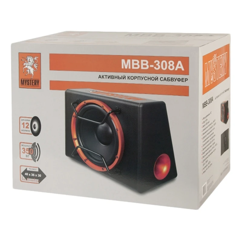 Сабвуфер автомобильный MYSTERY MBB-308A (350 Вт, 86 дБ, 4 Ом, 20-200 Гц, ферритовый магнит, защита от перегрузки)