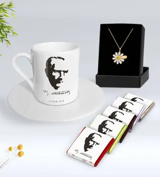 

Personalized Ataturk Themed Turkish coffee Cup Chocolate and Is Daisy Necklace Gift Seti-23