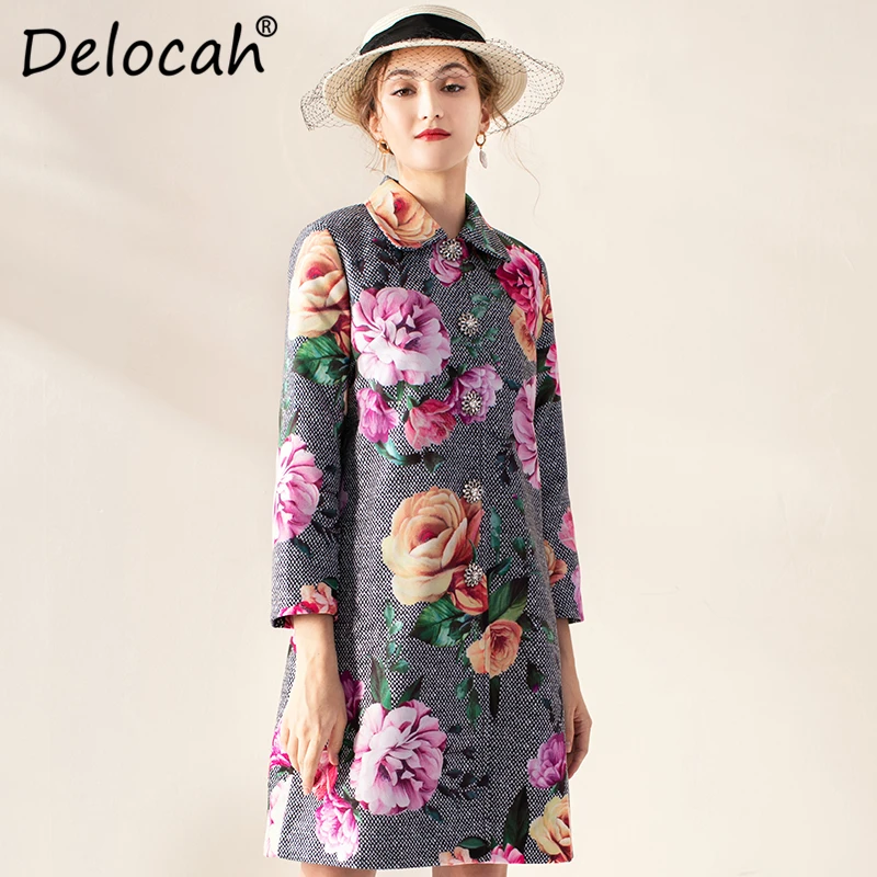 Delocah, осенне-зимнее женское пальто, подиумное, модное, дизайнерское, с длинным рукавом, великолепное, с кристаллами, пуговицами, с цветочным принтом, в горошек, пальто