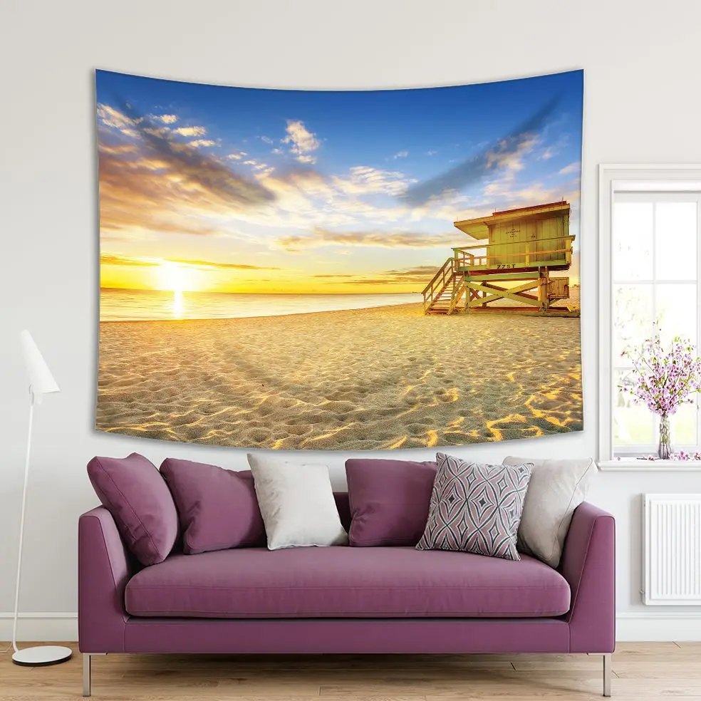 Tapestry Miami South Beach Sunrise Lifeguard with Tower Coastline Colorful Cloud Scenery Blue Yellow Beige | Дом и сад