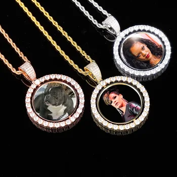 

Hip-Hop Memory Photo Customizable Rotatable Double-Sided Pendant Micro-Set Zircon Trendy Round Small Pendant Necklace