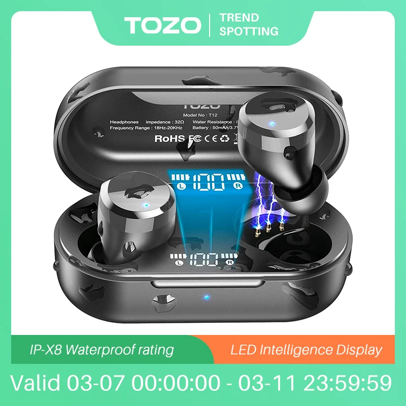 TOZO T12 Bluetooth Earphones Wireless Earbuds With Premium Fidelity Sound Quality Smart Touch 28H Playtime For Phones | Электроника