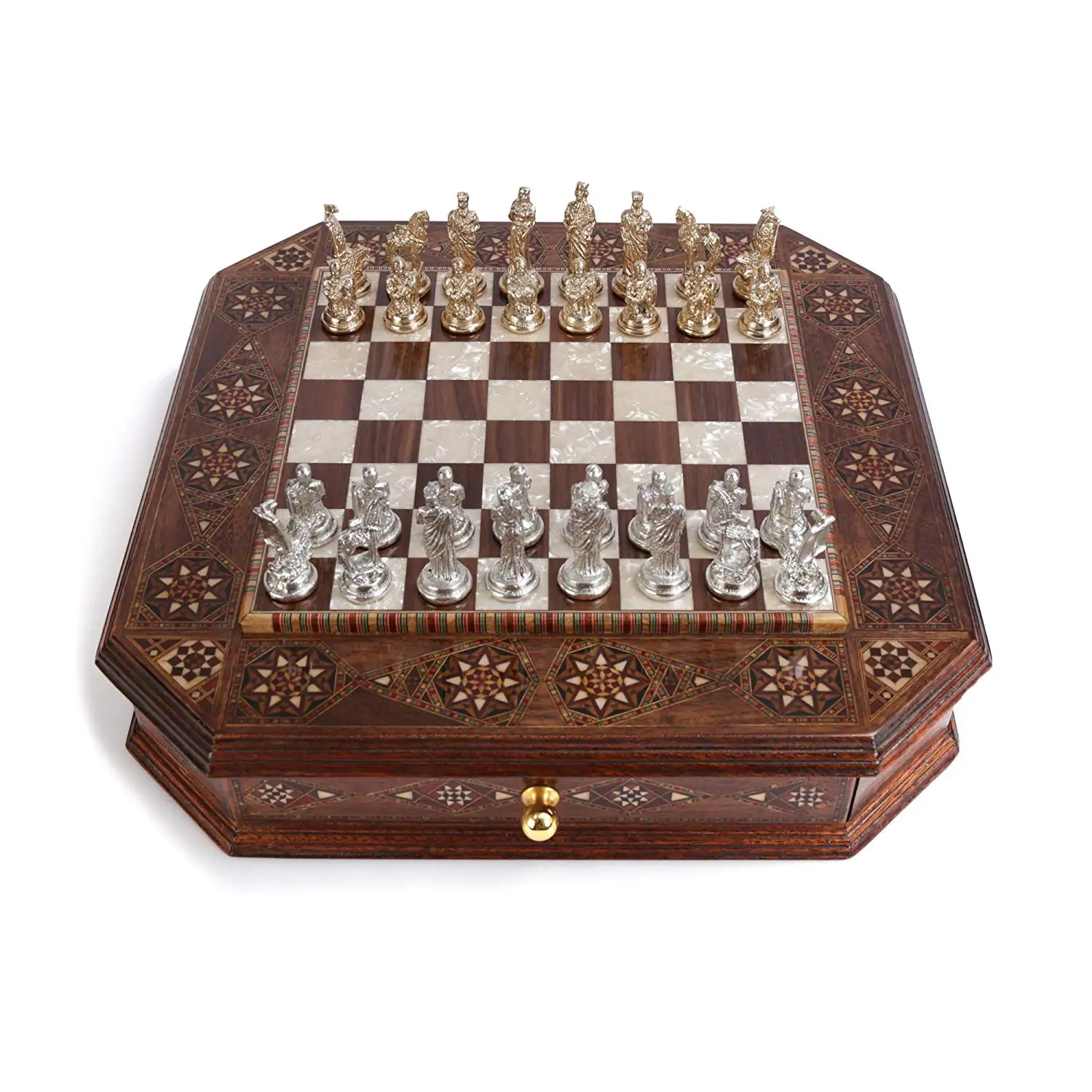 US $444.90 Historical Troy Figures Metal Chess Set for Adult Handmade Pieces Octagon Natural Solid Wooden Chess Board Storage Inside