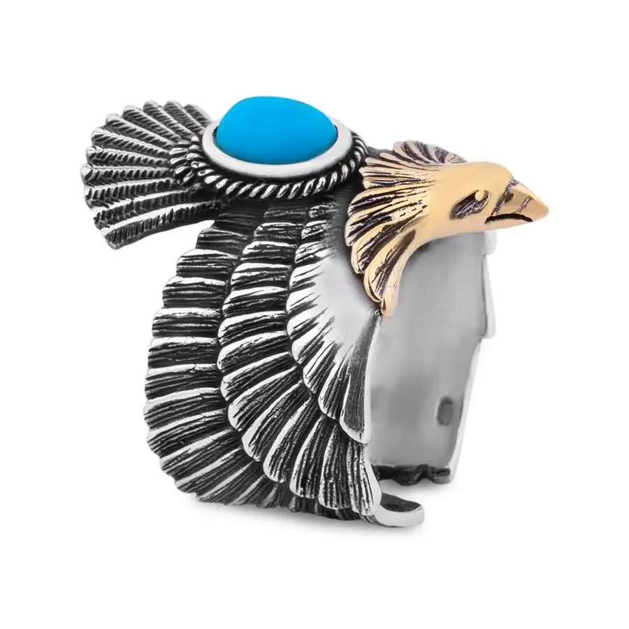 

Sky High: Eagle Motif Turquoise Stone Silver Ring Fashion Turkish Premium Quality Handmade Jawelery