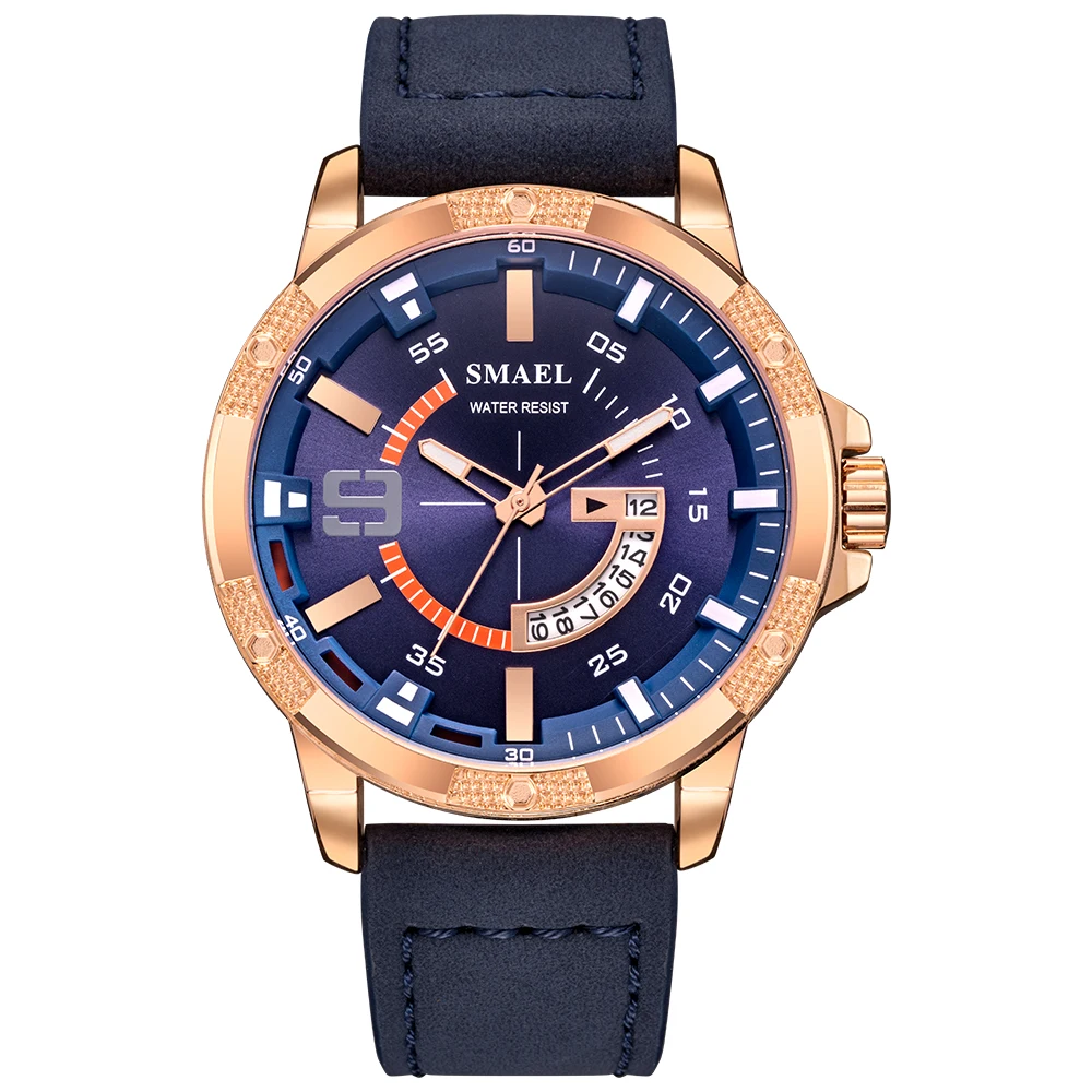 SMAEL повседневные спортивные часы для мужчин Топ бренд класса люкс кожаный ремень водонепроницаемые часы мужские часы Мода Большой циферблат Дата наручные часы 9100 - Цвет: Синий