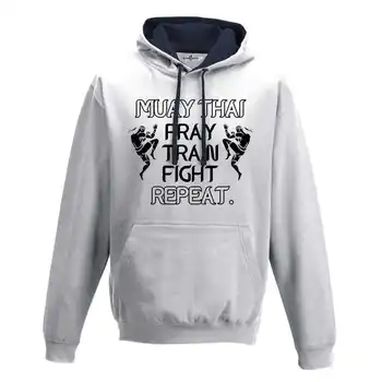 

Hood Sweatshirt Two-Color Men Muay Thai Pray Train Fight Repeat Thailand Boxing Fight 1 S