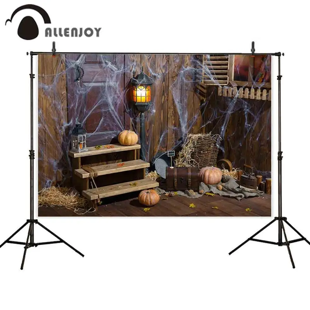 

Allenjoy background for photography Halloween Pumpkin Spider web Wood cottage indoor backdrop photobooth photozone photophone