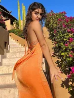 Backless Maxi Dress Sexy Orange Spaghetti Strap Slim Dress 1