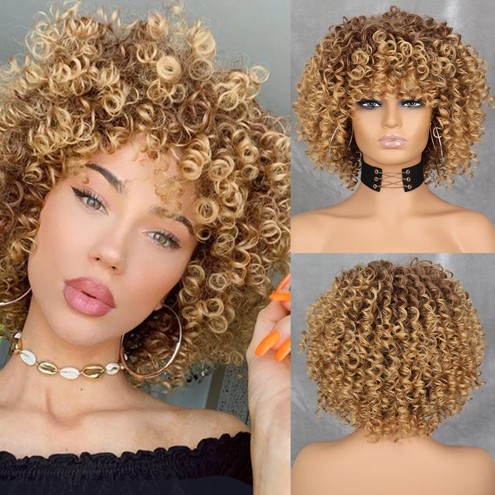 WERD Curly Afro Blonde Wig With Bangs Shoulder Length Wigs Afro Kinkys