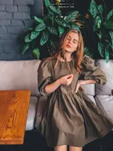 Mini Dress Lantern Short-Sleeve OOTN A-Line Pink Elegant Green Cotton Casual Women Ladies