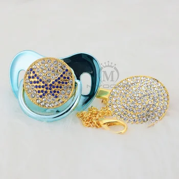 

MIYOCAR Gold beautiful bling blue wing pacifier and pacifier clip set wing pacifier BPA free dummy bling unique design ABWG