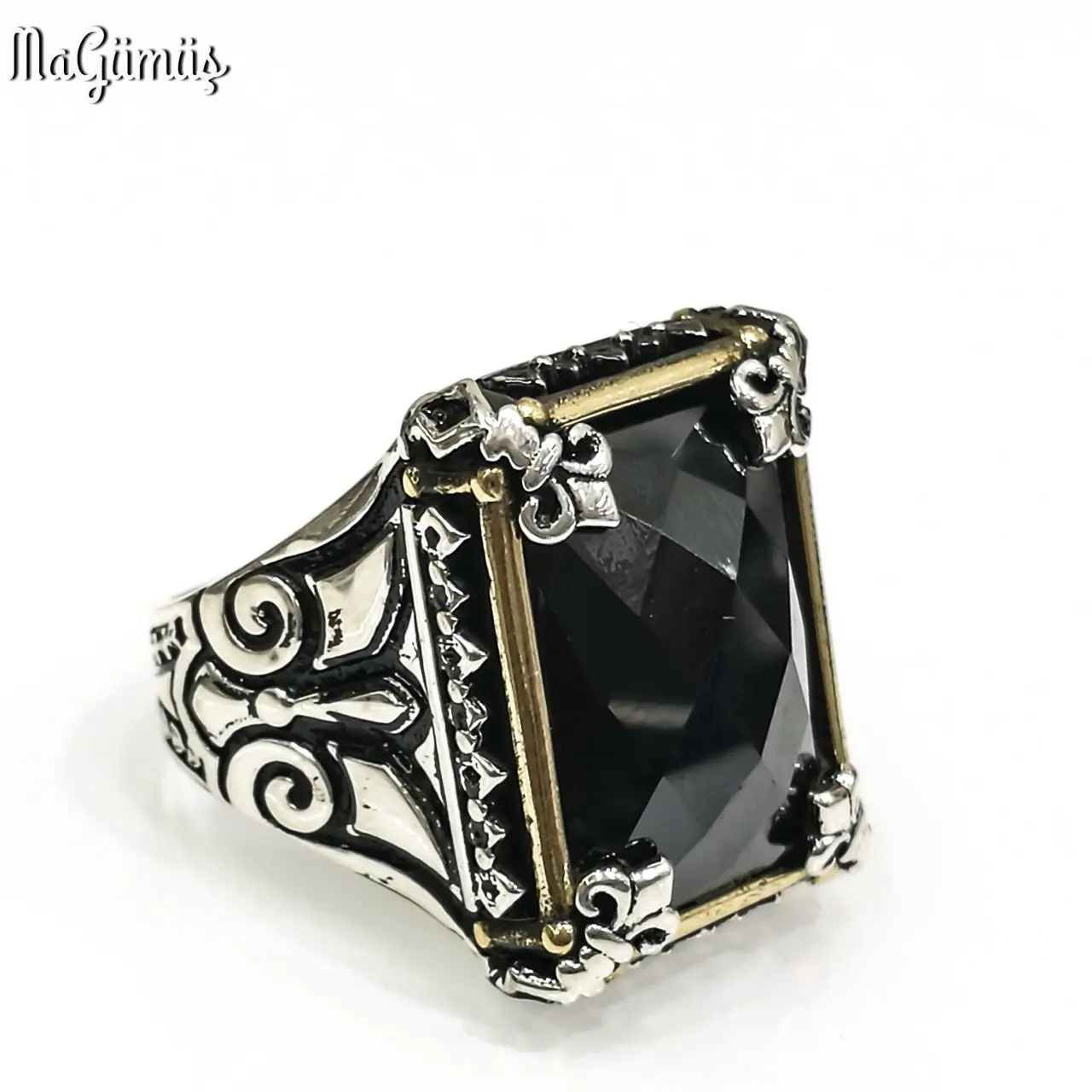 Hand Work Design Black Onyx Baguette Cut Silver Men 'S Ring