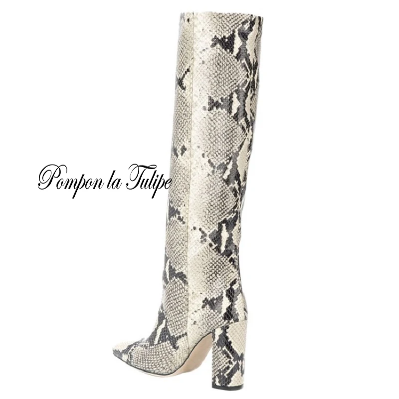 

Python Crocodile Emboss Faux Leather Pointed Toe 10CM High Heel Short Plush Insole Fashion Women Knee High Boots Winter Shoes