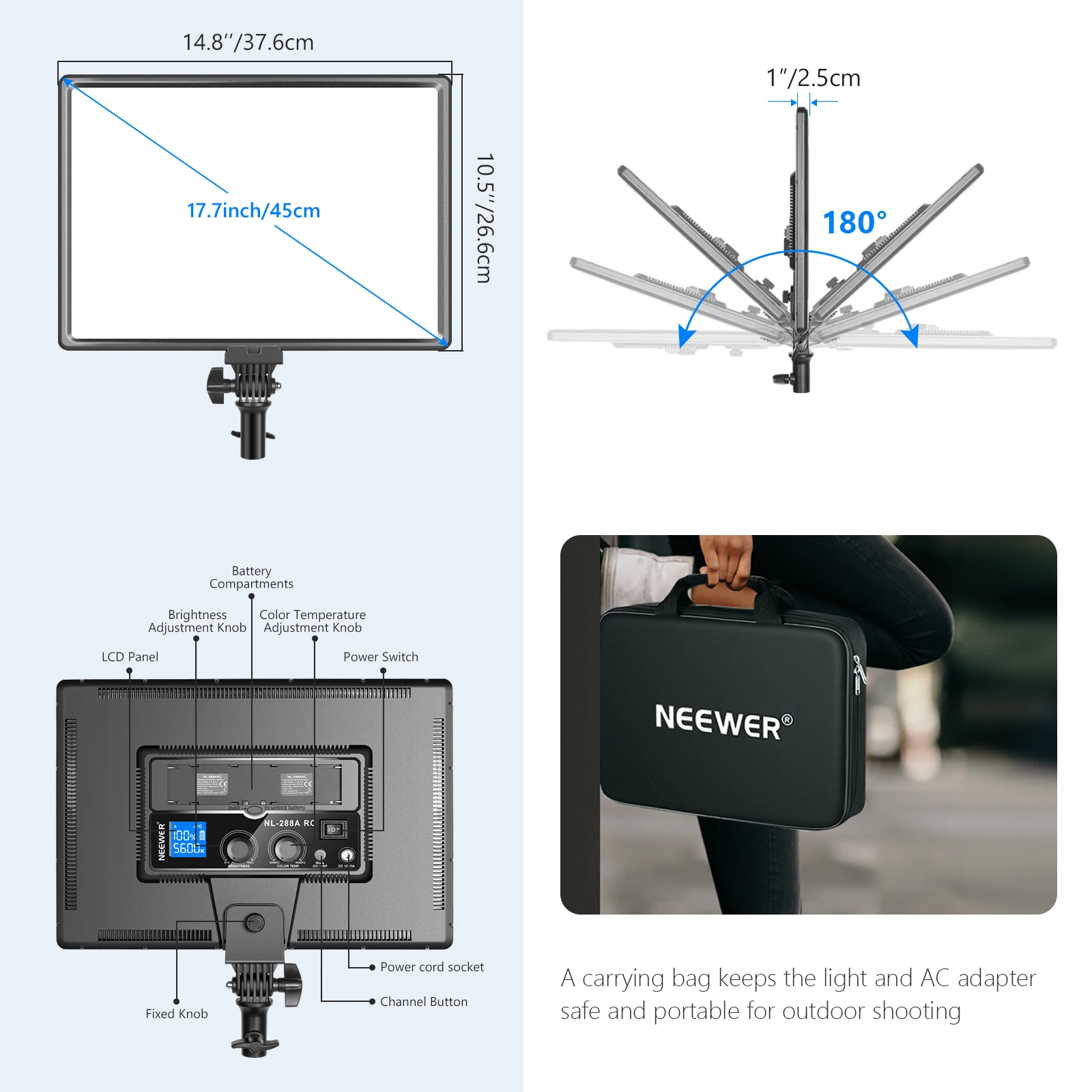 Neewer nl288-大型ledビデオライトパネル,2.4g,リモコン,45w,3200k-5600k,2色,調光可能,ソフト,写真用  AliExpress