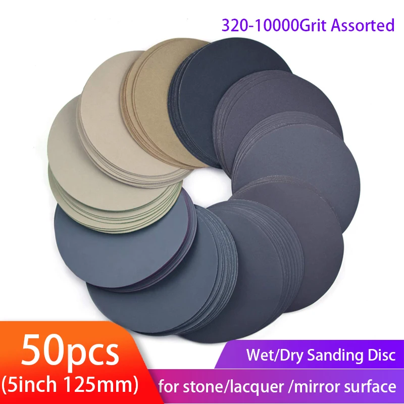 

5inch sanding discs 125mm Waterproof Sandpaper Hook & Loop Sand paper 320-10000 grit Assorted for Wet/Dry Polishing 50pcs