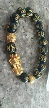 Feng Shui-pulsera de cuentas de piedra obsidiana Unisex, brazalete de oro negro, Pixiu, riqueza, buena suerte