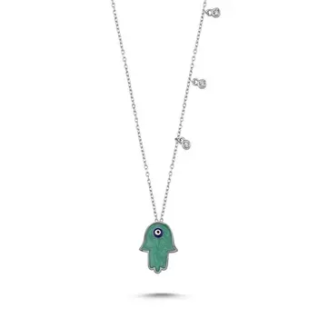 

Angemiel 925 Sterling Silver Enamel & Zircon Crystal Fatma Master Hand Dangle Necklace-Rhodium Plated