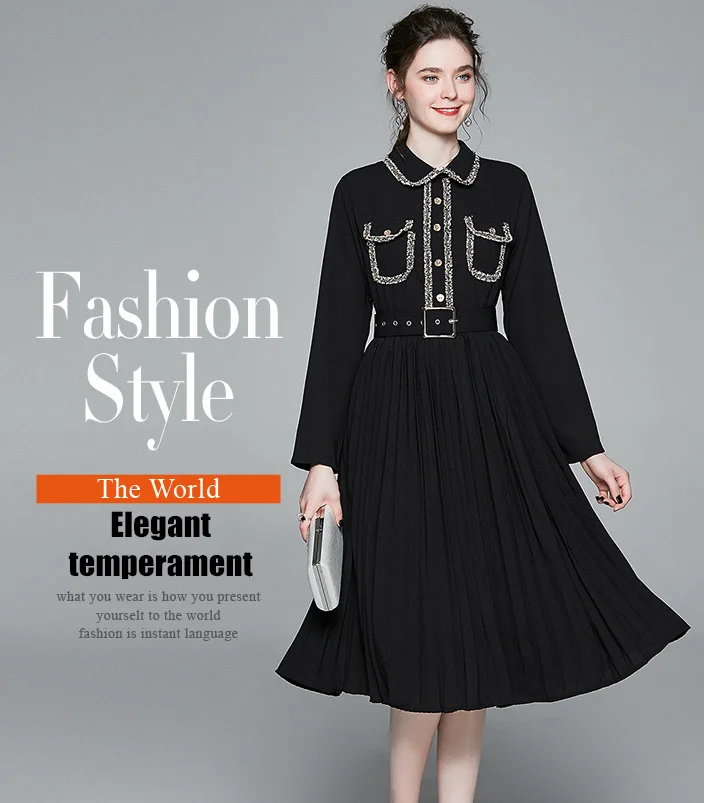 

FANAB-L05 single color long sleeve light mature temperament mid length pleated skirt 2020 spring new foreign trade Europe and Am