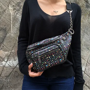 

The New women's waist bag Retro fashion pu leather rivet Japan and South Korea Lovely female fanny pack black