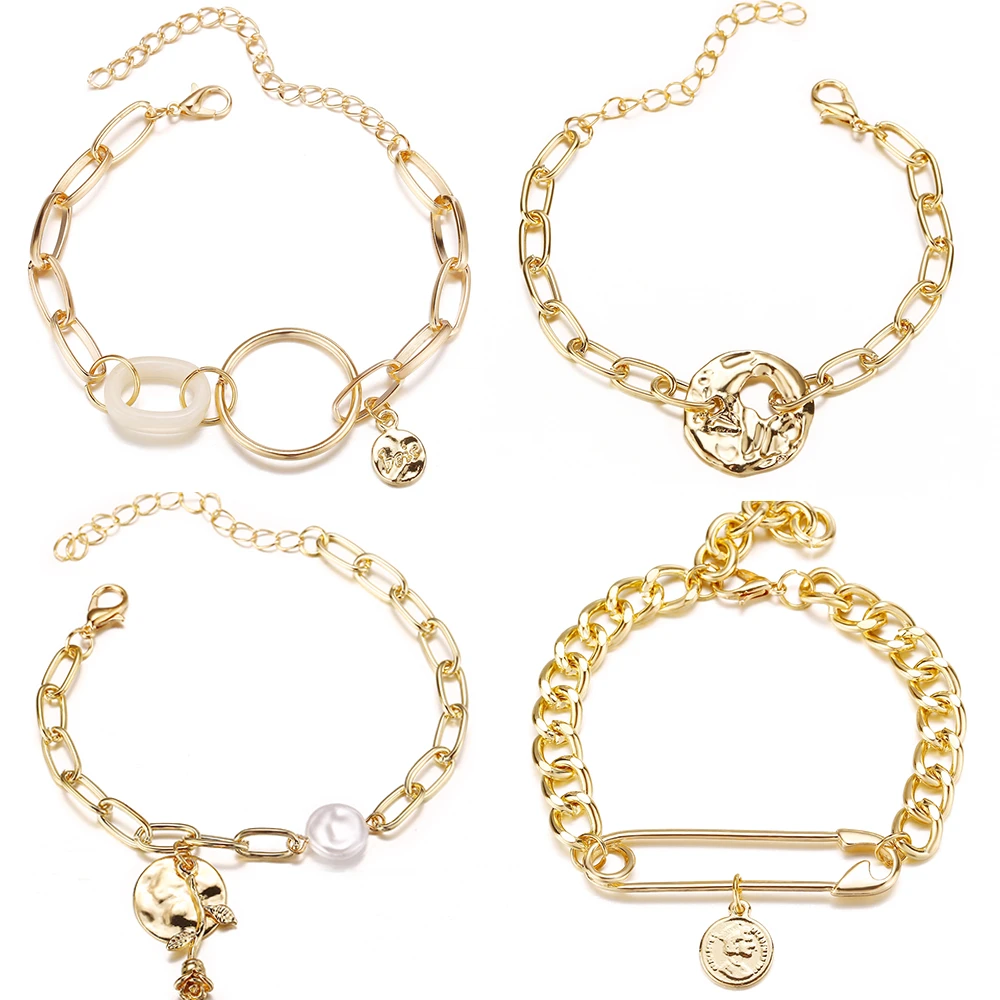 Gold Color Baroque Pearl Metal Link Chain Bracelet Fashion Portrait Coin Paper Clip Charm for Women Pulseras Mujer 2020 | Украшения и