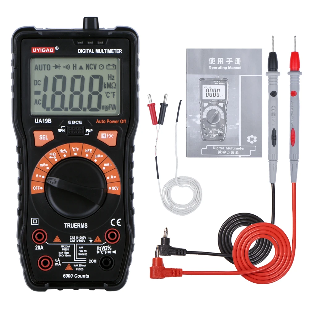 

QHTITEC Digital Multimeter UA19B Voltage Tester TRMS 6000 Counts Auto Range Tester Intelligent NCV Temperature Volt Meter